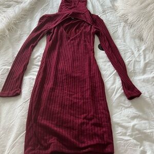 Burgundy Ribbed high-neck Dress